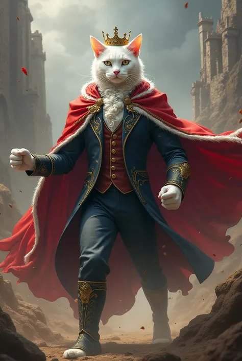 Create an epic fight image, that one of the characters is a crowned white cat controlling a human body dressed in a royal suit and red cape with white edges.