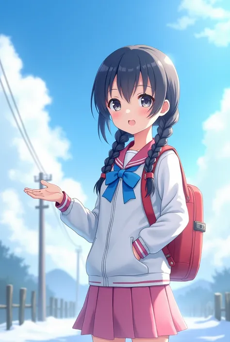 (alone:1.5),girl1人(very cute,Soft Skin,(girl:2.0),blush,Child&#39;s body shape,Dark Eyes,(12 years old),Black Hair,Shiny Hair,Braided twin tails,Pink Skirt,White jacket（Blue Ribbon),Japanese school bag（red）, character focus,Adult perspective,Cute Smile,Ple...