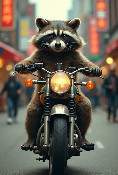 A raccoon riding an old Kawasaki motorcycle with turn signals　No pants or shoes on