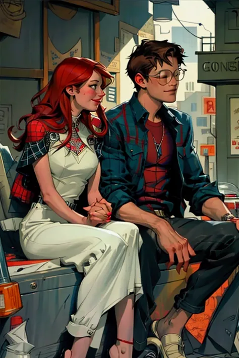 Several scenes of Peter Parker sitting with Mary Jane talking and laughing, one at home, one at the theater, and the last one on a New York street, holding his right-hand in.