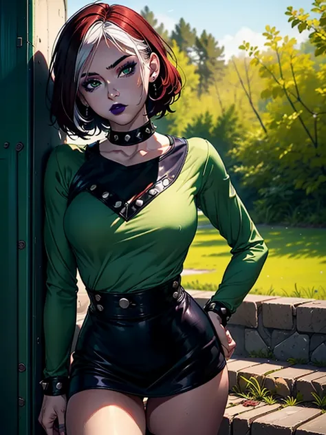 (work of art, best qualityer, ultra detali), 1 girl, RogueXME, two tone hair, (Red hair), whitebangs, greeneyes, purple makeup, Purple Lipstick, studded collar, medium breasts, green shirt, Black Skirt, mini-skirt, plein-air