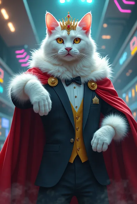 Create an epic fight image, that one of the characters is a crowned white cat controlling through an arcade a human body dressed in a suit and a red cape with white royal edges.