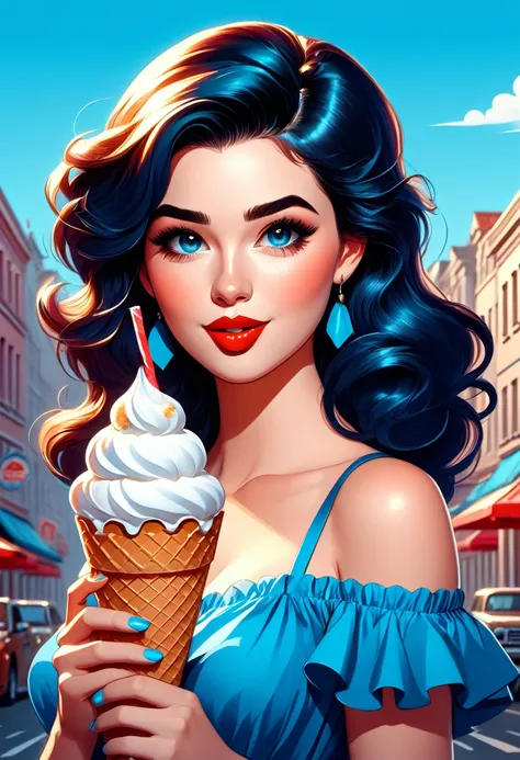 kawaii style, masterpiece, best quality, only a woman in a blue dress eating an ice cream cone, soda themed girl, in digital ill...