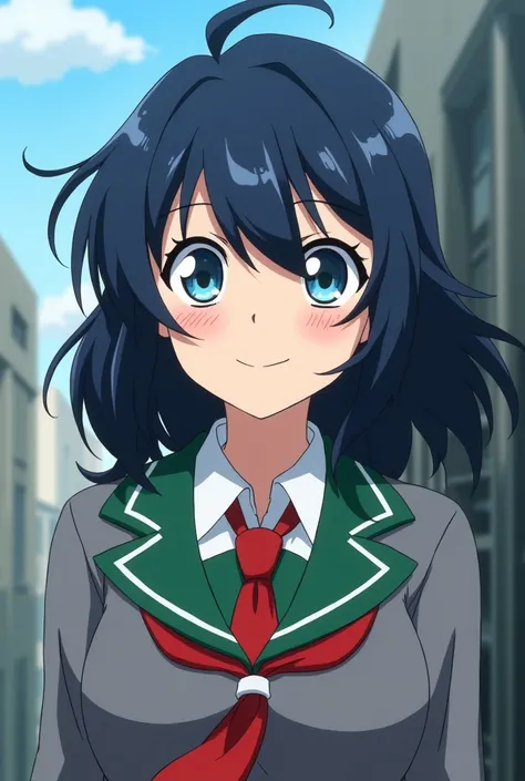 Screenshot of Boku no hero academia 16 year old girl, loose blue-black hair with bangs, blue eyes, He wears a grey uniform with green and a red tie
