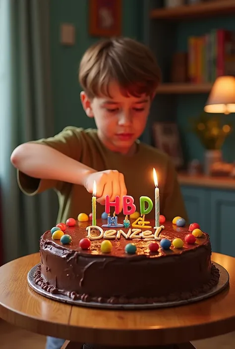 Generate a pic of birthday cake on table with chocolate cover. The name on cake should be HBD denzel. Boy cutting it just one hand of boy should came in pic that too with knife while cutting cake. The image should look like taken from topreal image.