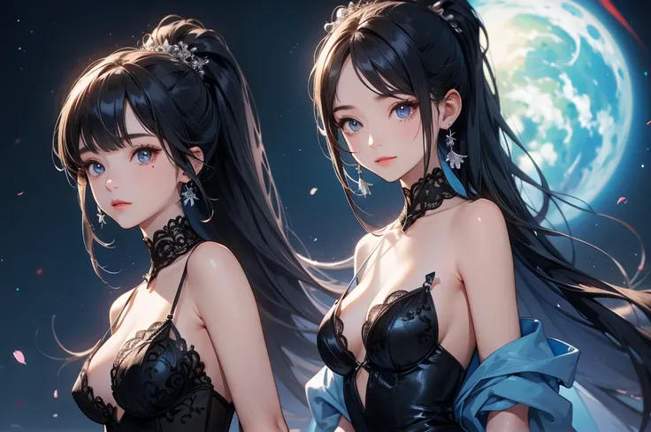 One beautiful girl、Dark blue negligee、Black Hair、High ponytail、Crying Mole、Gummy Smile、Fold your arms behind your head、Beautiful breasts、dusk、super high quality、Final Resolution、Best assembly、Correct body structure、High angle