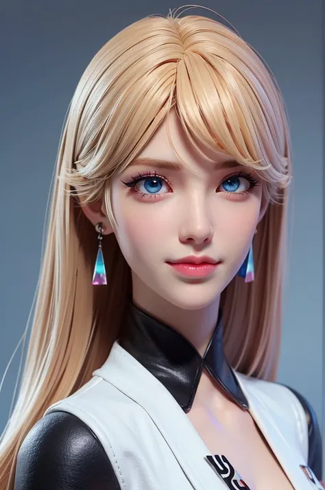 masterpiece, best quality,3d rending work,3DMM style, close-up, portrait, 3D,1girl, solo, perfect face, long hair, academy blue school uniform , long light blonde hair dyed with tint of pink color and with cute fluffy bangs well styled, hair dyed with pink...