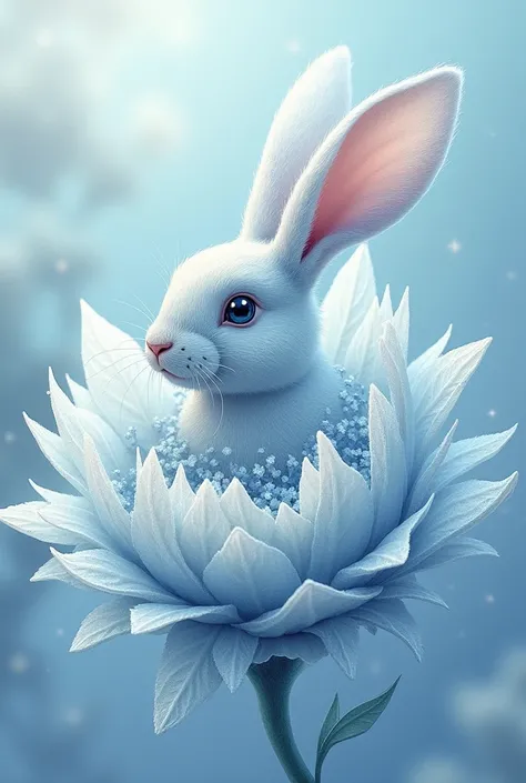 An illustration of a Rabbit made out of　Perl. The petals of the flower should resemble delicate, intricate snowflakes, with sharp and crystalline patterns. The center of the flower can be slightly raised and textured to resemble ice. The background should ...