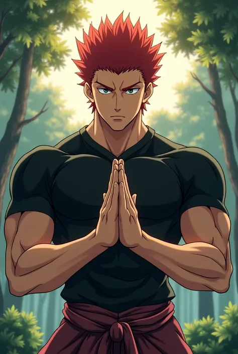 Yujiro Hanma doing namaste red hair without Baki anime character black shirt clean shave body builder 