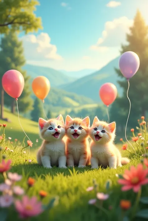 Baby kittens singing with a happy birthday phrase with a natural landscape in the background and colorful balloons