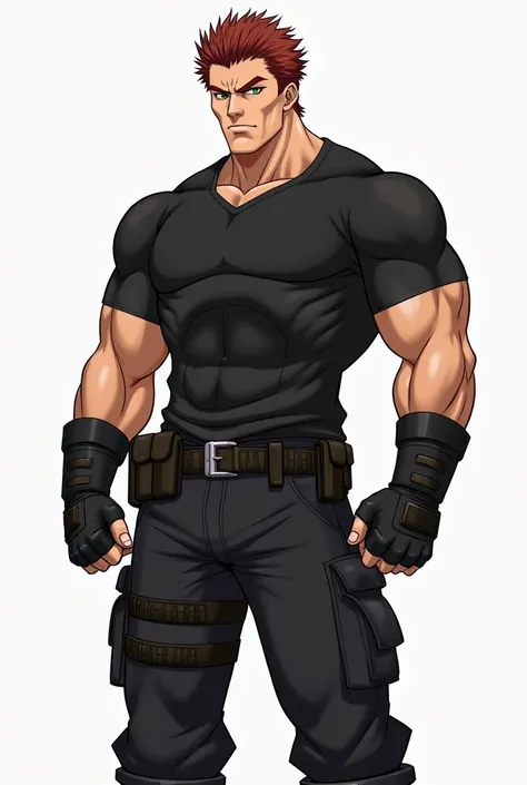 A muscular man, serious expression, chestnut hair, piercing look, strong chin, black tee, black sweatpants, booties, padded combat gloves, utility belt. anime styling.