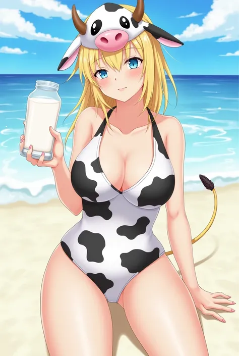 A woman wearing a cow swimsuit with cow ears, ,Blonde,,Blue Eyes,, Cowgirl, anime, , とても美しいanimeのCowgirl,  Big Boobs,,Breast milk､､milk,,エッチなanimeスタイル,