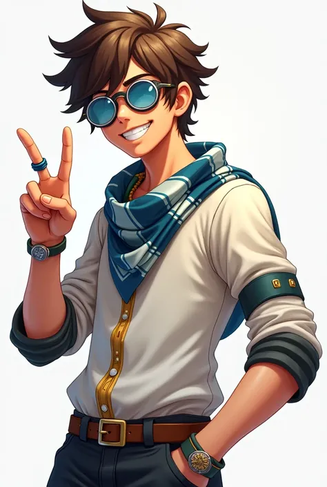 The image shows a guy with a friendly smile.. He has brown hair, slightly wavy, and they cover the forehead a little. On his head are glasses or goggles with blue lenses.. The guy is wearing a white shirt with long sleeves, which is decorated with a blue s...