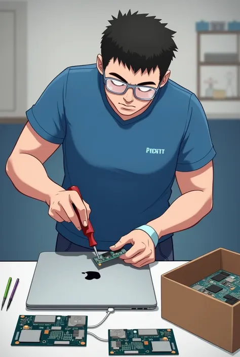 Characters: 1 character
The main characters outfit: a blue short-sleeved T-shirt with a small Apple logo on the left chest.
The main characters accessories: clear protective glasses, ESD band around his right wrist, attached to a cable attached to a table....