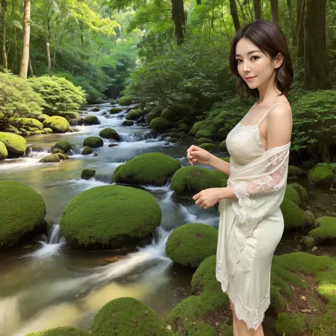 Create 64k photos of a tranquil forest scene at dusk. The forest is bathed in soft, gentle light. There are tall ancient trees. The leaves have a sparkling emerald green color. Low angle portrait. Japanese Mature So beautiful., 50 years old ((sexly))  Whit...