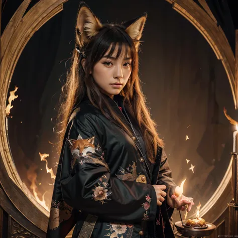 1girl,solo,, official art, unity 8k wallpaper, ultra detailed, beautiful and aesthetic, beautiful, masterpiece, best quality,, Kitsune witch, fox mask, haori jacket, foxfire spell, fox familiar, transformation,