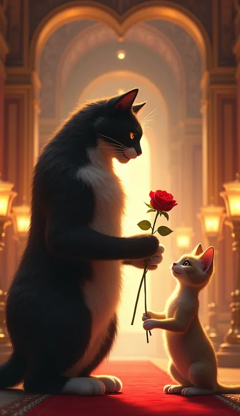 Scene 2: The Grand InvitationDescription: The Big Romantic Cat, towering and graceful, approaches the Elegant Female Cat with a charming smile. He offers a single red rose, which seems small in his large paw. The pathway they stand on is lined with tall, g...