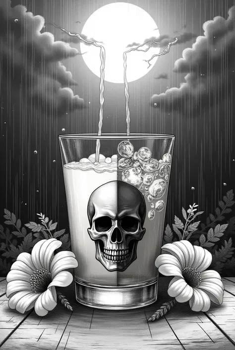 a bottle of lemonade and a bottle of whisky pour into a glass at the same time. from right and left.  On the glass is a skull emblem. in the glass are ice cubes . It&#39;s raining in the background.  Sun rays shine.  It&#39;s lightning. The picture is a bl...