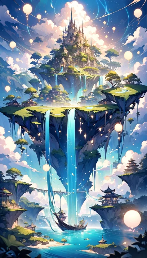 Mystical Floating Islands:
	•	A breathtaking scene of floating islands suspended in a bright, clear sky with soft, fluffy clouds. Each island is covered in lush greenery, with cascading waterfalls that fall into the abyss below. Bridges made of light conne...