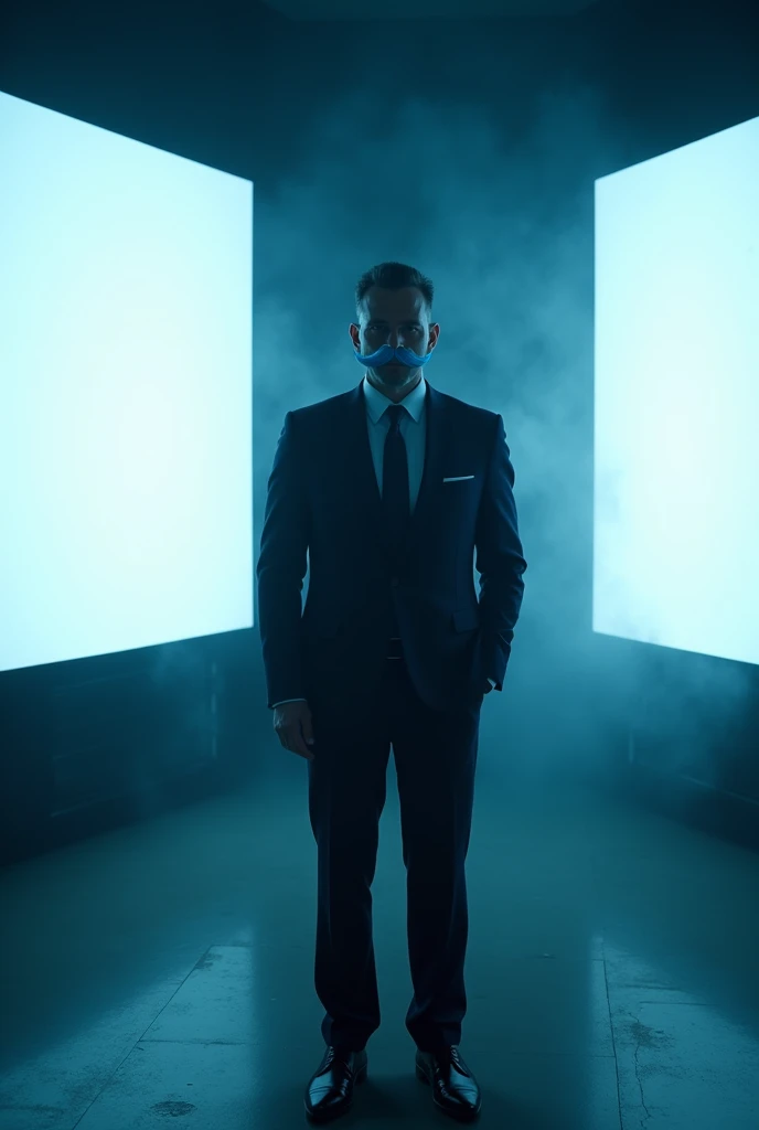 Dark room with white screens and man with blue mustache in formal dress 
