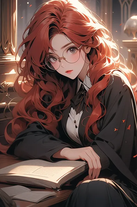 1 girl, floor-long hair, black skirt, academy uniform, hogwarts, glasses, looking down at viewer, floor POV, red hair