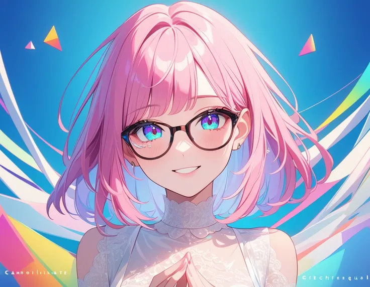 masterpiece,bestquality,superwideangle,fingeraudience,1girl,pinkandwhitehair,hand,cuteanimeface,tears,masterpiece,glasses,transparentcolorPVCclothing,transparentcolorvinylclothing,wholebody,glitchlump}onface,smile,mediumhair,filmgrain,lens_flare,colorful,c...