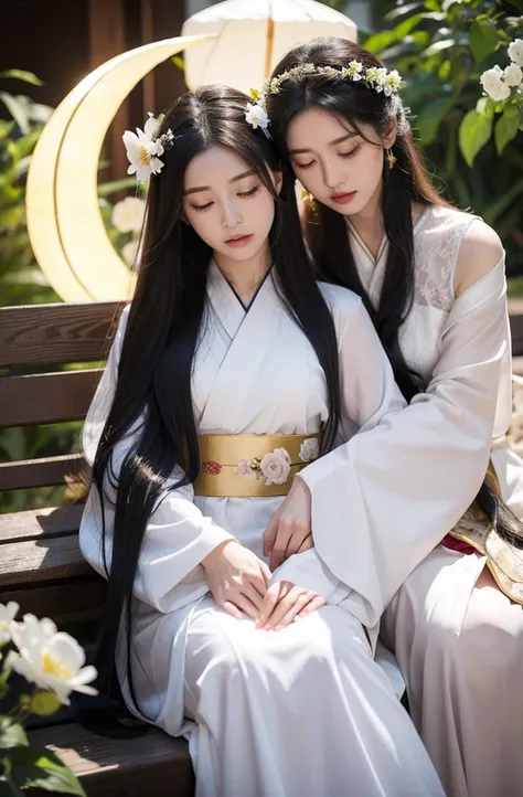 long hair, Multiple girls, black hair, hair accessories, Long sleeve, 2girls, Close eyes,,lying flower, hair flower, Wide sleeves, sash, Hanfu, moon, White Flowers, tassel, full moon, lantern, Putting your hand on someone else&#39;s shoulder、紙lantern、Hanfu...