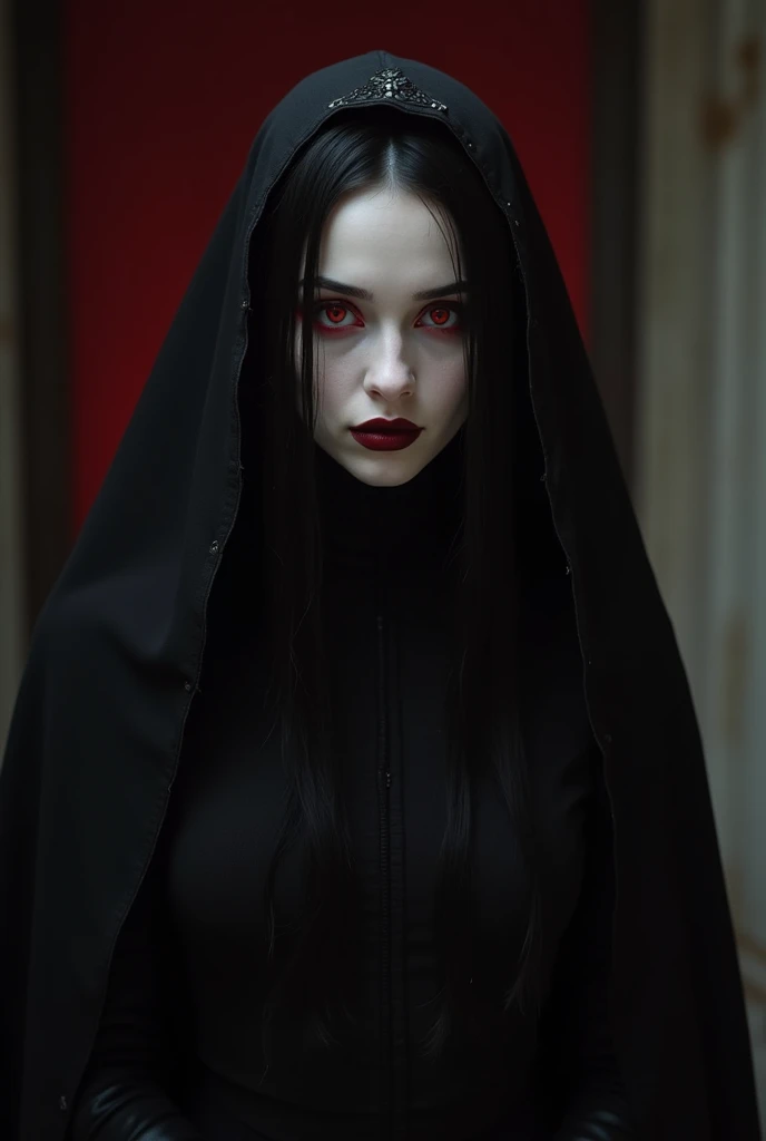 In a dark fantasy movie, The main villain always wears black and red. Her skin is pale and her eyes are deep red..
