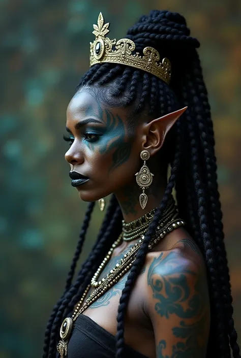 Close-up of a woman with tattoos on her face, dark elf, fractalpunk, braided complex hair, portrait shot with matte painting, Jet black skin, she is dressed in shamanic clothes, tattooed face, Cryptopunk, Heavy makeup. Large earrings in the ears, a crown o...