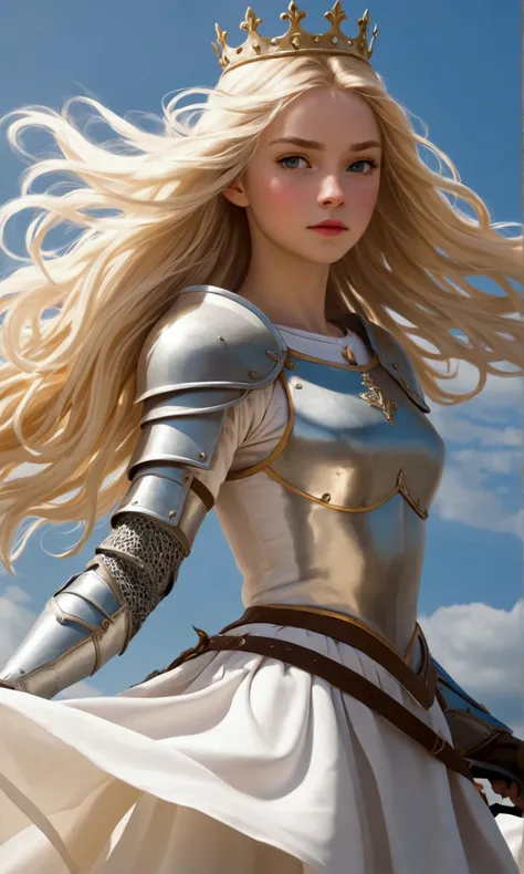 A girl with long, bright blonde hair that seemed to be carried by the wind, wearing armor and a white ballet skirt, she was holding a sword and seemed to be enjoying the breeze and she was also wearing a small crown.