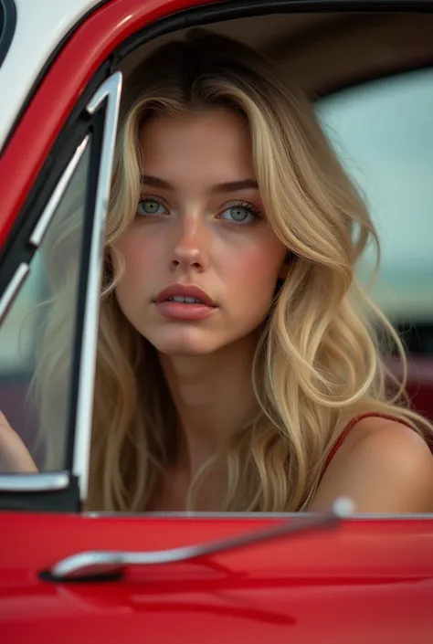 Create a realistic image of a 20 year old woman, longs cheveux blonds, Blue-green eyes in a red car
