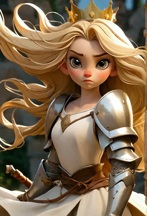 A girl with long, bright blonde hair that seemed to be carried by the wind, wearing armor and a white ballet skirt, she was holding a sword and seemed to be enjoying the breeze and she was also wearing a small crown.