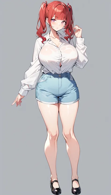 (mature female), 1girl, skinny, large breast, curves, red hair, long hair, long twintails, two side up, blunt bangs, pink eyes, white collared shirt, long sleeves, collarbone, light blue shorts, black mary janes, standing, full body