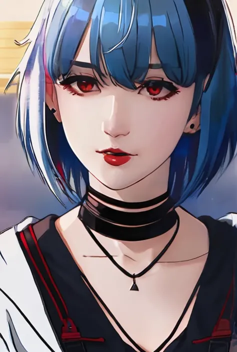 Short hair, white hair, bangs, red streaks, pointy ears, pointy teeth, blue hair,  black clothes, choker, black choker