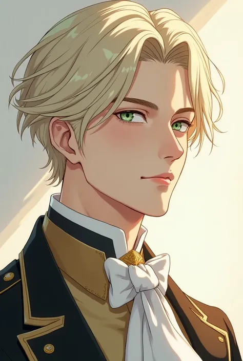 Man in his 20s, Soft platinum blonde hair, light green eyes, languid eyes, A handsome man with fair and beautiful skin, Nobility, Holy Appearance, bust, expressionless, Aristocratic attire, an anime drawing