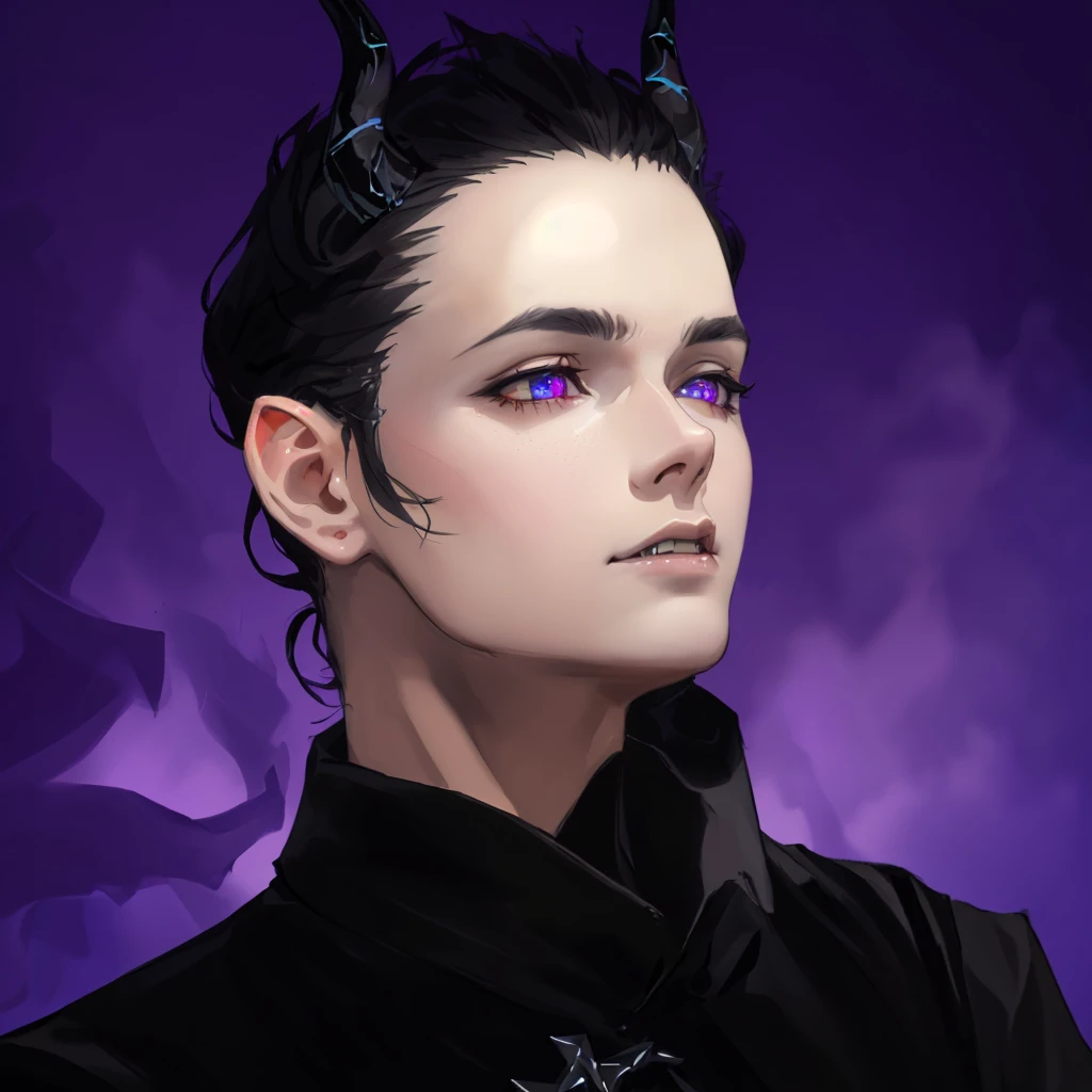 a dark daemon, demonic humanoid figure, horns, glowing purple eyes, sharp fangs, clawed hands, skeletal, ethereal, smoky dark aura, gothic, moody dramatic lighting, (best quality,4k,8k,highres,masterpiece:1.2),ultra-detailed,(realistic,photorealistic,photo...