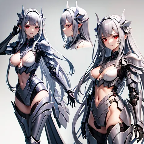 (最high quality, masterpiece), Standing girl, ((three views, Front, back and sides))), Character Sheet,whole body,Simple Background, High resolution, gauze, smile, Shortcuts, bangs, Red eyes, Headpiece, 目の間のbangs, head band, Horns of the beast, Accurate, An...