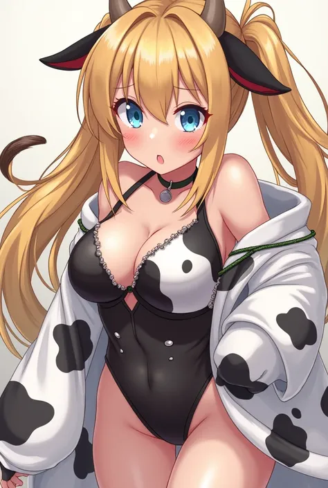 Woman in cow leotard with cow ears, ,Blonde,,Blue Eyes,,Twin tails,， Cowgirl, anime, , so beautiful, Big Boobs,,Breast milk､､milking,,エッチなanimeスタイル,，Magical girl,，Torn clothes,，Looks frustrated,，Restrained by rope