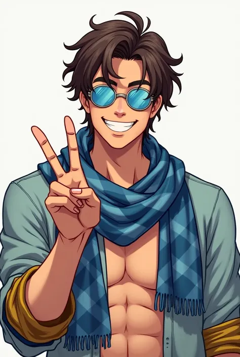 The image shows a guy with a friendly smile.. He has brown hair, slightly wavy, and they cover the forehead a little. On his head are glasses or goggles with blue lenses.. naked guy , which is decorated with a blue scarf with a checkered pattern. He shows ...