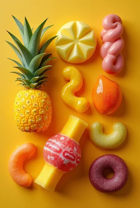 image of several sweets together, real mango , pineapple mara, lucas octopus, reeses, frictions, chocolate twix, super hyper acid gum. 