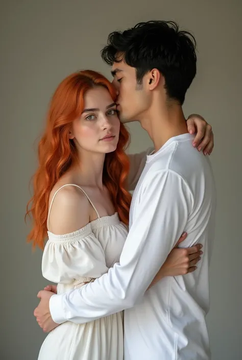 A 19-year-old woman with red hair in a white dress and a man with black hair and a white long-sleeved shirt hugging each other 