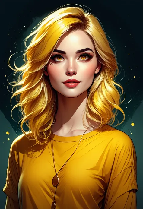 a woman with blonde hair and a yellow shirt is standing, in the style of digital illustration, cartoon style illustration, trend...