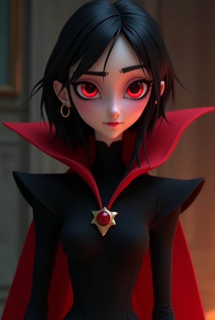 In a dark fantasy animated film, The main villain is a young man always dressed in black and red. Her skin is pale and her eyes are deep red..
