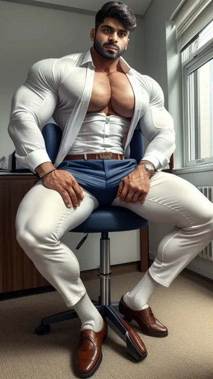 30 years old Indian desi jaat muscular bodybuilder hunk with huge wide chest and sobbing expression, tight front open white shirt and formal navy trouser with brown formal slip loafers buckle shoes, formal blue socks, sitting on chair in office and relaxin...