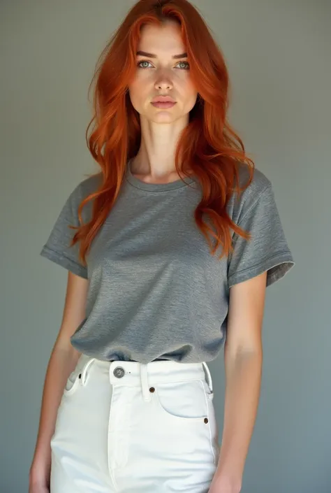 A 19-year-old woman with red hair wearing a white skirt and a grey T-shirt
