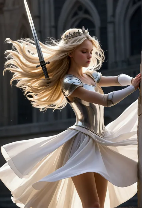 A girl with long blonde hair that seemed to shine and as if her hair was being blown by the wind wearing armor and a white ballet skirt wearing a small tiara holding a sword and was being cruelly felt the gust of wind.