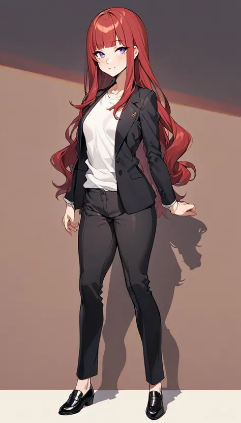 (mature female), 1girl, skinny, freckles, small breast, curves, red hair, long hair, long sidelocks, blunt bangs, purple eyes, black blazer, unbuttoned blazer, long sleeves blazer, white t-shirt, sleeveless t-shirt, black pants, black loafers, standing, fu...