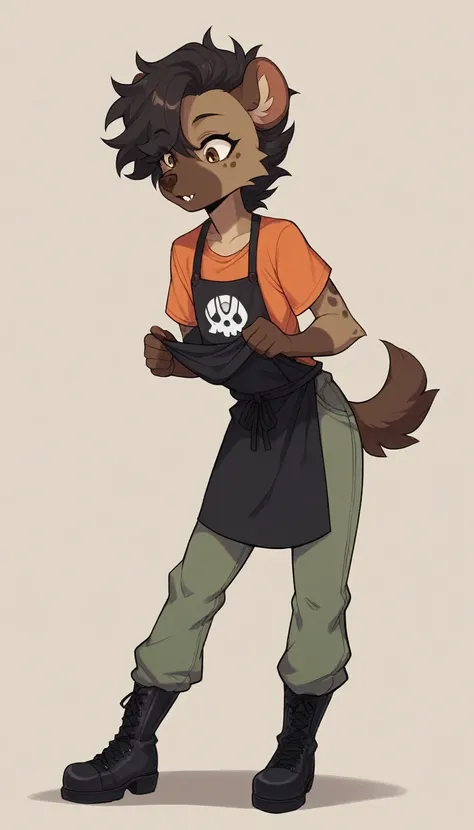 Best quality, Super detailed illustration, (Anthro Fluffy Hyena Boy:1.4), baggy pants, leather boots, black apron, sack-like old shirt ,disheveled thick hair, playful mood, a femboy, slim, perfect body