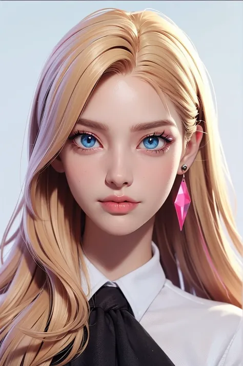 masterpiece, best quality,3d rending work,3DMM style, close-up, portrait, 3D,1girl, solo, perfect face, long hair, academy blue school uniform , long light blonde hair dyed with tint of pink color and with cute fluffy bangs well styled, hair dyed with pink...