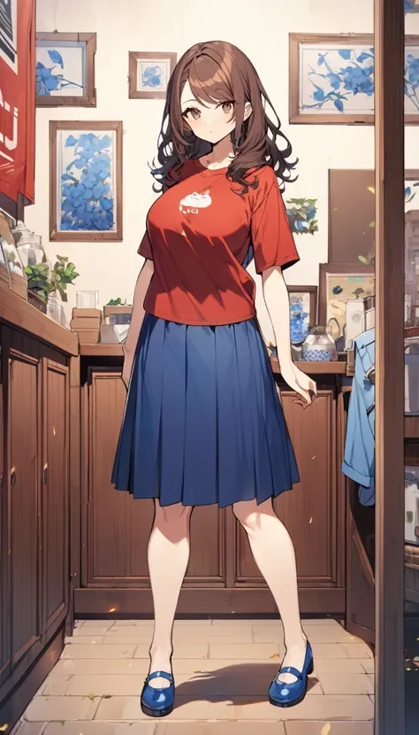 1girl, skinny, large breast, shoulder-length hair, brown hair, fluffy hair, swept bangs, brown eyes, red t-shirt, blue skirt, blue mary janes, standing, full body